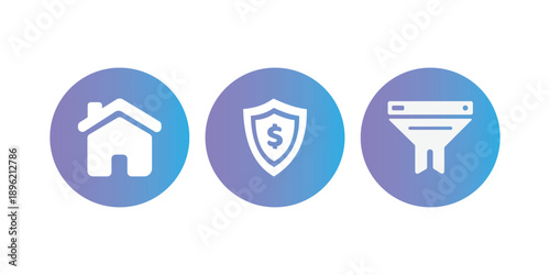 Homepage, financial security shield, and data filter icons, secure payment and funneling system symbols.