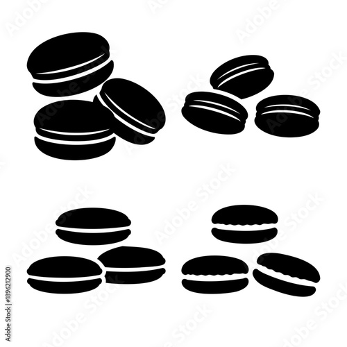 Classic black and white macaron cookie icon set with sweet dessert silhouettes