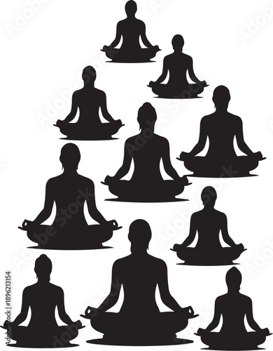 Group of people meditating in lotus position silhouette illustration