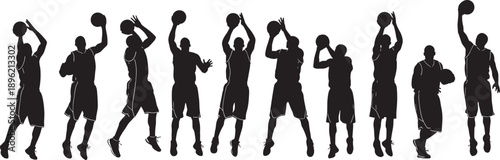 Basketball Player Silhouette Vector Set Featuring Professional Athletes Jumping Shooting and Dribbling for Sports Team Branding Tournament Promotion and Gym Fitness Graphic Design Projects