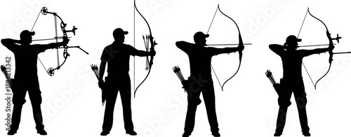 Collection of four black archer silhouettes holding bow and arrow aiming at target for sport and hunting competition vector illustration.