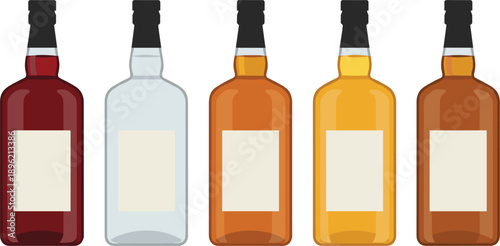 Liquor Bottle Illustration Set with Whiskey Vodka and Rum Glass Containers Isolated on White Background