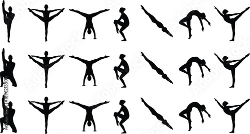 Yoga and gymnastics human silhouettes set, acrobatic stretching balance poses, black figures pattern isolated on gray background illustration