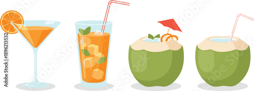 Tropical Drink Illustration Set with Cocktail Juice and Fresh Coconut Isolated on White Background