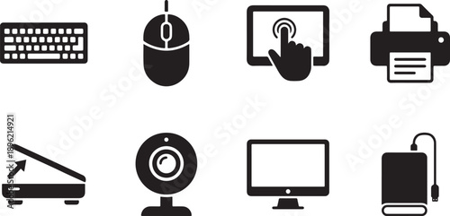 Essential computer hardware and peripheral device icons for modern digital systems Vector