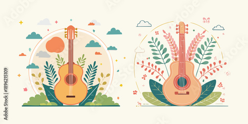 Beautiful flat illustrations featuring two acoustic guitars intertwined with lush botanical elements, creating a serene depiction of music harmonizing with nature