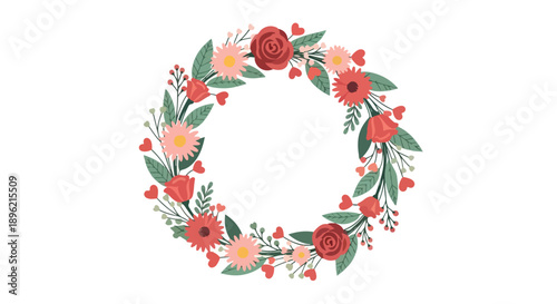 Vibrant floral wreath with red roses, pink flowers, and green leaves on a white background, flat lay composition with a mix of blooms and foliage.