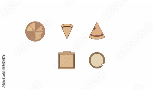 A cute cartoon-style flat vector illustration of funny pizza characters arranged in a playful circular composition on a solid white background. Each pizza slice has expressive eyes and smiles, showing