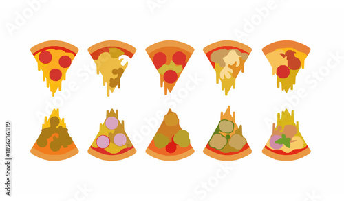 Cute cartoon pizza characters flat vector illustration for kids and fun food