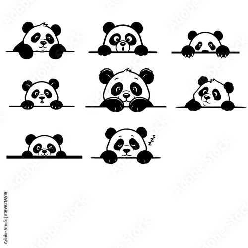 collection of 8 adorable pandas peeking over a line, each with their own unique expression, evoking a sense of curiosity and playfulness. vector illustration