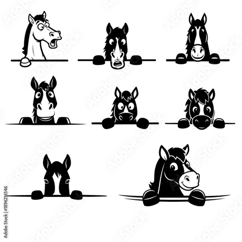 collection of 8 peeking cartoon horse illustrations with various expressions, vector illustration