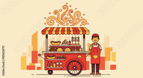 Flat illustration of a street food vendor standing beside a colorful cart with various food items under a striped awning against a stylized urban background.
