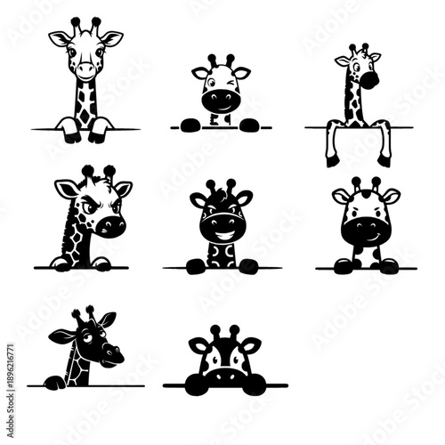 8 Playful cartoon giraffe characters peek over a banner, each expressing a different emotion. This dynamic illustration showcases a collection of unique giraffe expressions. vector illustration