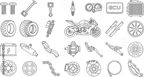 Comprehensive Motorcycle Spare Parts Vector Icon Set Featuring Racing Bike Engine Components Suspension Tires Brakes And Electrical Systems