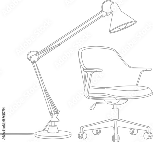 Minimalist line art illustration of an adjustable architect desk lamp standing beside a modern rolling office chair featuring smooth contours.