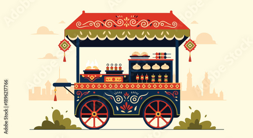 Colorful illustration of a traditional food cart with a red roof and decorative design against a city skyline background.