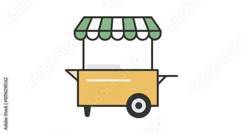 Simple illustration of a yellow food cart with a green and white striped awning on a plain background.