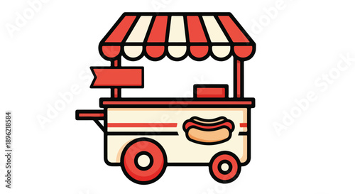 Flat illustration of a hot dog cart with a striped awning on wheels against a white background.