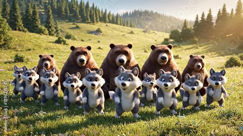 A pack of cheerful brown bears and gray wolves danced in a clearing in the middle of a sunlit forest.
