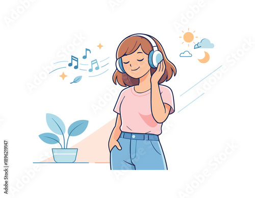 Girl listening to music on headphones, flat vector illustration