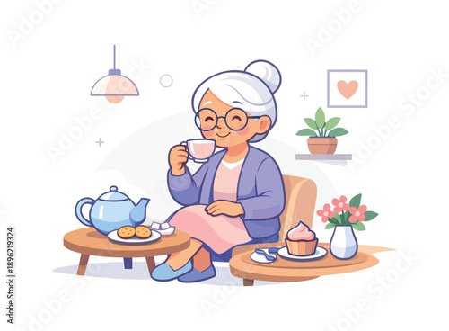 Elderly woman enjoying tea and snacks at home, flat vector illustration