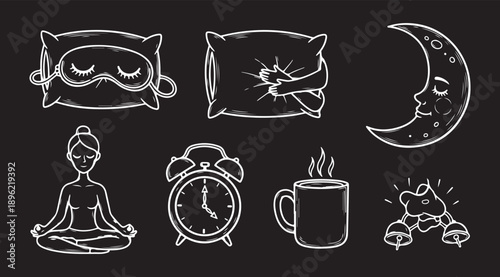 Sleep thin line icon set. Bed, dream, relax, bedroom, insomnia and night concepts. Editable stroke vector icons of pillow, alarm clock, sleeping mask for web design.