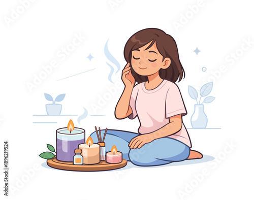 Woman meditating with candles and aromatherapy, flat vector illustration