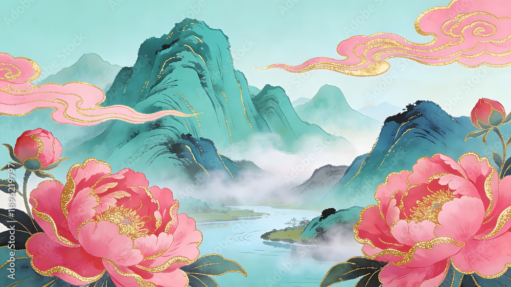 Fototapeta premium Modern Guochao landscape illustration with pink peonies and misty mountains