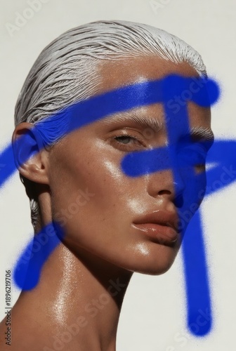 Blonde Woman Portrait. Bold Blue Cyan Paint Dripping Stroke Across Face. Dramatic Avant-Garde Makeup. Glossy Skin, High-Contrast Artistic Expression. Contemporary High Fashion Conceptual Beauty Shoot