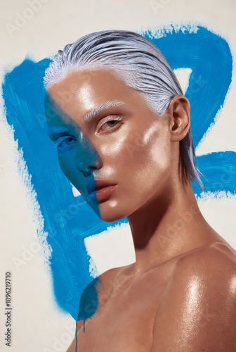 Blonde Woman Portrait. Bold Blue Cyan Paint Dripping Stroke Across Face. Dramatic Avant-Garde Makeup. Glossy Skin, High-Contrast Artistic Expression. Contemporary High Fashion Conceptual Beauty Shoot