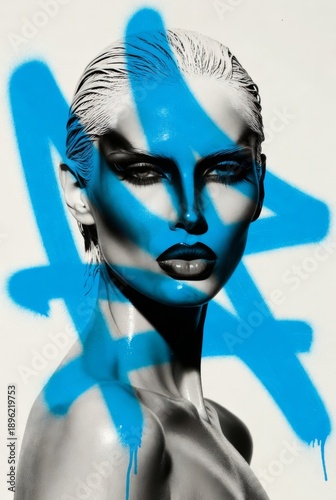 Blonde Woman Portrait. Bold Blue Cyan Paint Dripping Stroke Across Face. Dramatic Avant-Garde Makeup. Glossy Skin, High-Contrast Artistic Expression. Contemporary High Fashion Conceptual Beauty Shoot