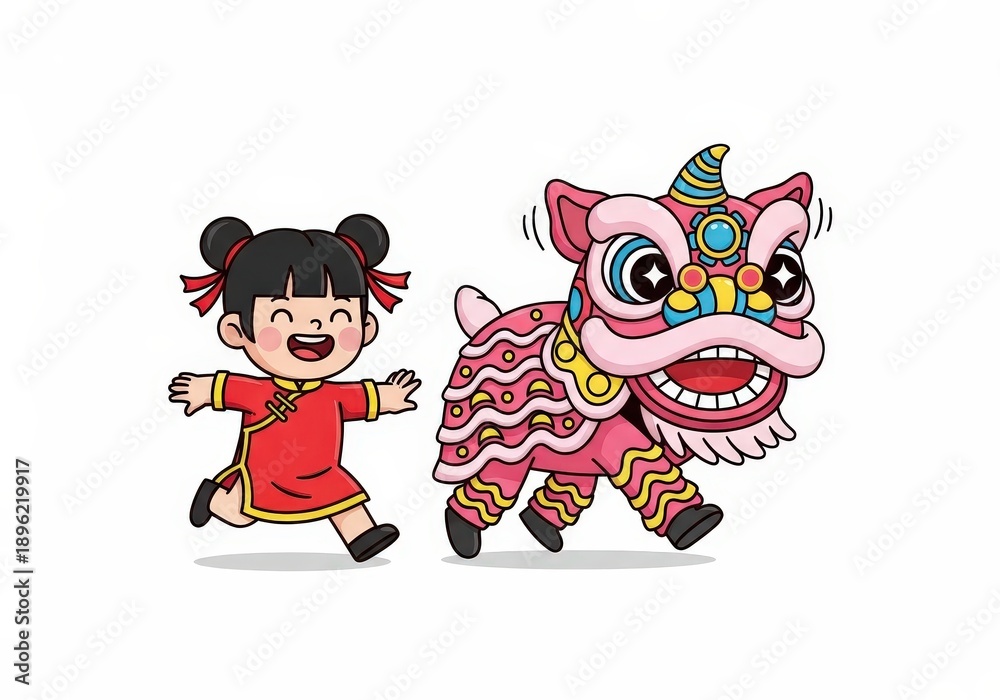 Fototapeta premium Cheerful Girl Running with Colorful Dragon Dance Costume in Celebration