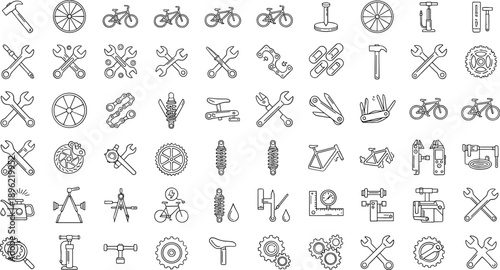 Comprehensive vector icon set of bicycle repair tools and mountain bike maintenance symbols isolated on white background.