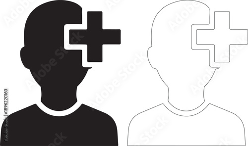 Black and White Person Head and Plus Sign Vector Icon Set. Add User or Mental Health Concept. isolated PNG with Transparent Background