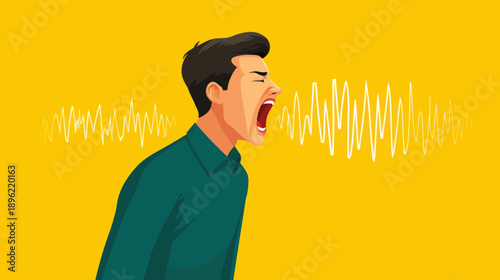 Man shouting loudly with sound wave icon