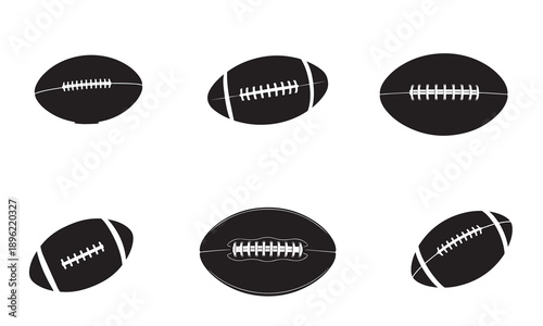 Collection of six black silhouette American football icons in diverse shapes and angles for sports-themed designs.
