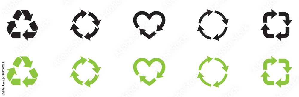 Obraz premium Recycle vector icon set. Arrows, heart and leaf recycle eco green symbol. Rounded angles. Recycled signs illustration isolated on white background. Recycling arrow ecofriendly. Vector Illustration.