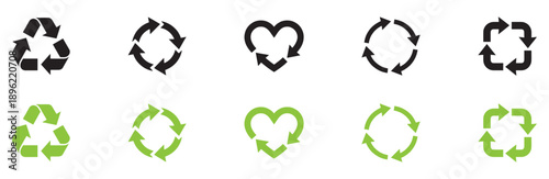Recycle vector icon set. Arrows, heart and leaf recycle eco green symbol. Rounded angles. Recycled signs illustration isolated on white background. Recycling arrow ecofriendly. Vector Illustration.