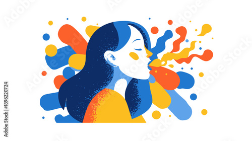 Woman blowing abstract colorful shapes