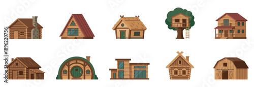 Wooden House and Cabin Icon Set Rustic Log Homes Treehouse Barn and A-Frame Cottages Collection