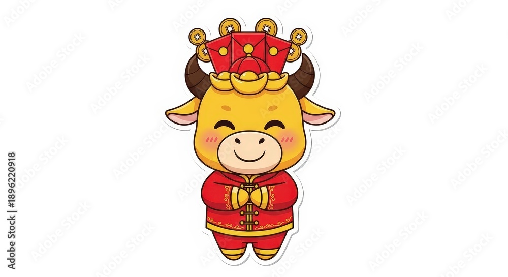 Obraz premium Cute cartoon cow character in festive red outfit celebrating New Year