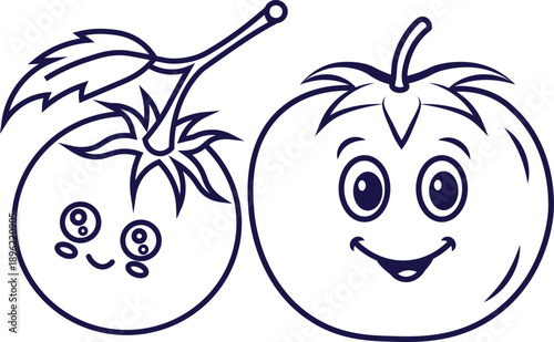Two cartoon tomatoes with faces and stems are playfully illustrated in blue
