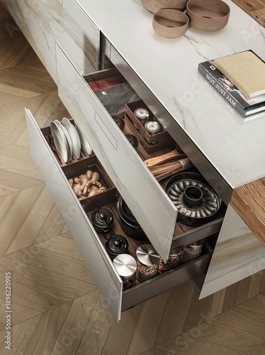 Cutlery set neatly organized in kitchen drawer, forks, knives and spoons in storage tray
