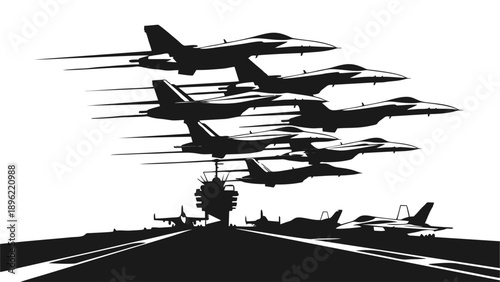 Silhouette of Fighter Jet Formation Taking Off from Aircraft Carrier Deck