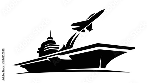 Black Silhouette Vector Icon of Aircraft Carrier Launching a Fighter Jet