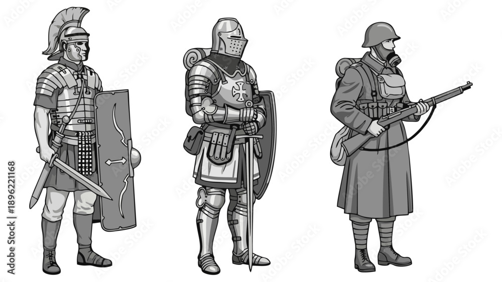 Fototapeta premium Evolution of Warfare Roman Legionary Medieval Knight and WWI Soldier Comparison