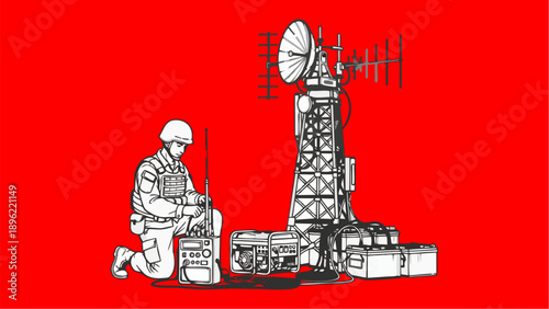 Military Communications Specialist Operating Tactical Radio Equipment Illustration on Red Background
