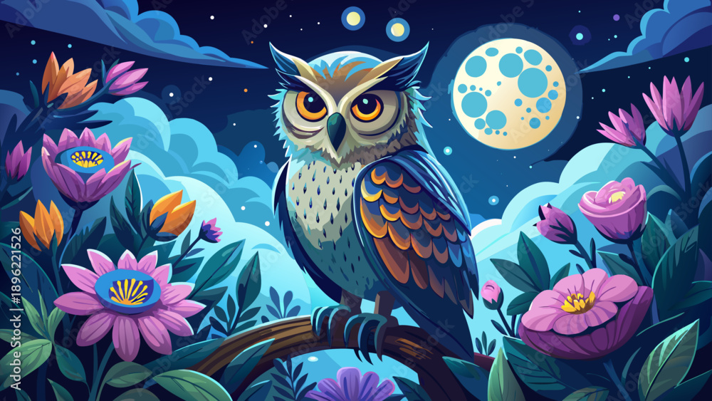 Obraz premium Very beautiful majestic owl perched on a branch under a glowing full moon, surrounded by softly blooming flowers, creating a serene nocturnal wildlife scene filled with mystery and calm.