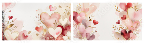Soft Watercolor Floral Hearts with Gold Accents on Transparent Background for Valentine Cards, Wedding Stationery, Romantic Prints, Invitations and Elegant Design Projects.