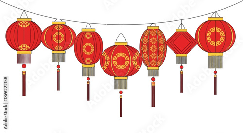 Vibrant red Chinese lanterns hanging on string for decoration